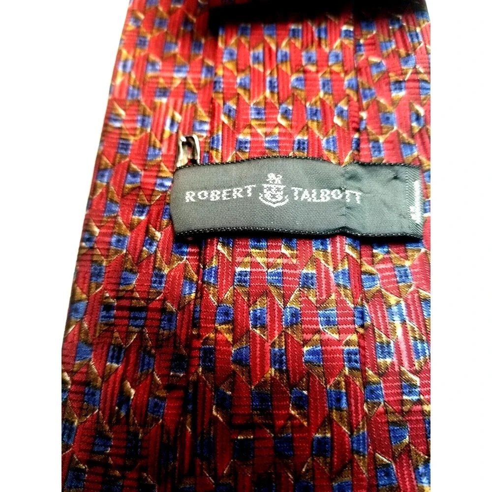 Robert‎ Talbott Red Geometric Foulard Print Blue Brown Pointed Tie USA